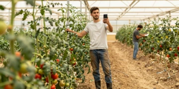 Joven agricultor andaluz grabando contenido con su smartphone entre hileras de tomateras en un invernadero de Almería