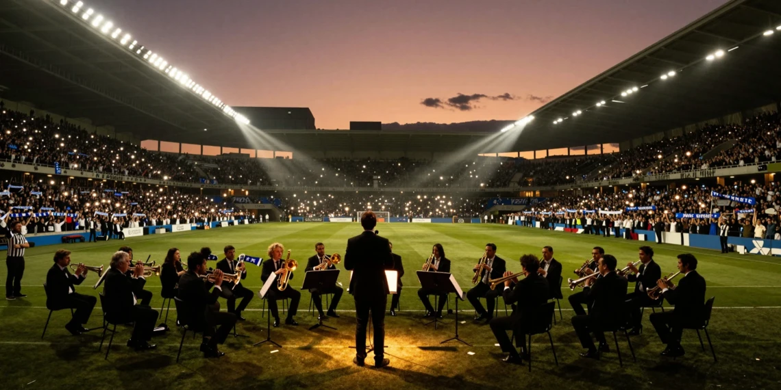 Cantante con orquesta sinfónica en estadio al atardecer, aficionados del Deportivo con bufandas azules y blancas