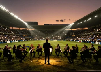 Cantante con orquesta sinfónica en estadio al atardecer, aficionados del Deportivo con bufandas azules y blancas
