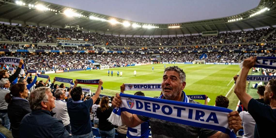 Aficionado del Deportivo de La Coruña emocionado con bufanda azul y blanca en estadio lleno en el regreso a LaLiga