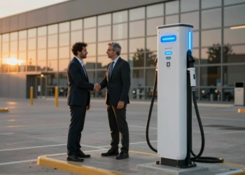 Punto de recarga eléctrica moderno en España con apretón de manos entre gobierno e industria al atardecer