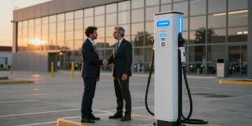 Punto de recarga eléctrica moderno en España con apretón de manos entre gobierno e industria al atardecer