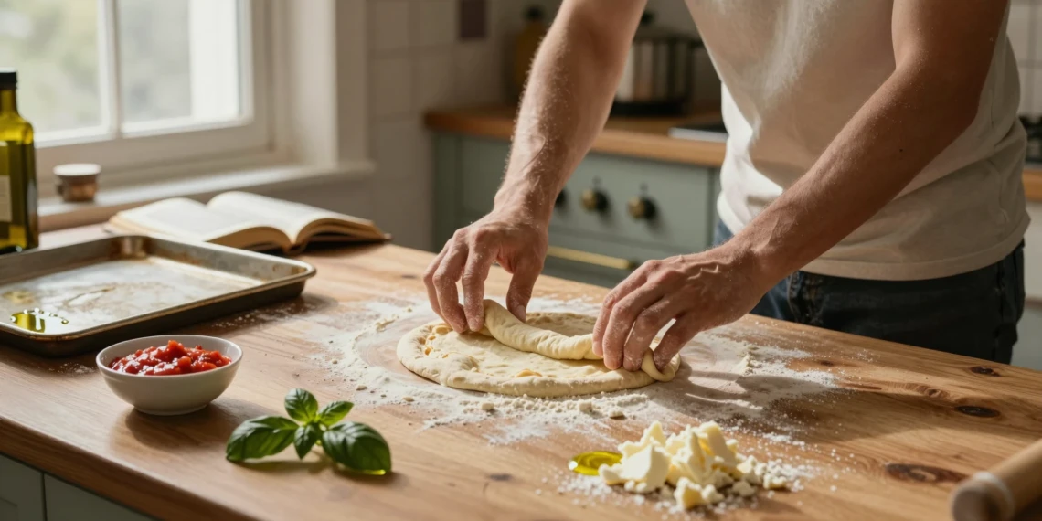 Manos enharinadas estirando masa de pizza sobre una encimera de madera en una cocina casera con luz cálida
