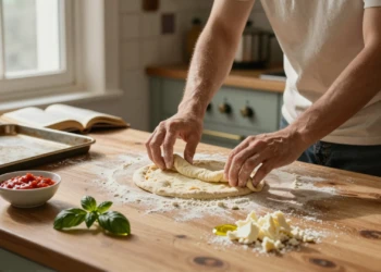 Manos enharinadas estirando masa de pizza sobre una encimera de madera en una cocina casera con luz cálida