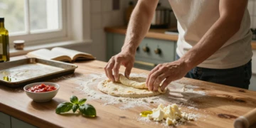 Manos enharinadas estirando masa de pizza sobre una encimera de madera en una cocina casera con luz cálida