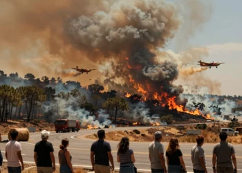 Vecinos evacuados observan columna de humo del incendio forestal en la sierra de Cerro Muriano, Córdoba