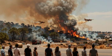 Vecinos evacuados observan columna de humo del incendio forestal en la sierra de Cerro Muriano, Córdoba
