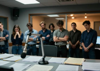 Trabajadores de RNE en huelga en estudio de radio con micrófono y notas de protesta sobre la mesa