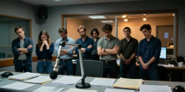 Trabajadores de RNE en huelga en estudio de radio con micrófono y notas de protesta sobre la mesa