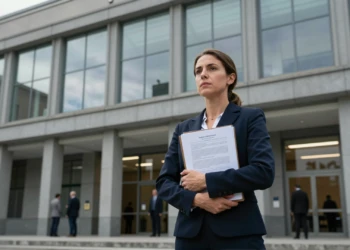 Empresaria con documentos legales frente a ministerio en Madrid, representando la defensa de Holaluz ante reguladores