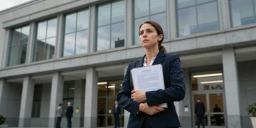 Empresaria con documentos legales frente a ministerio en Madrid, representando la defensa de Holaluz ante reguladores