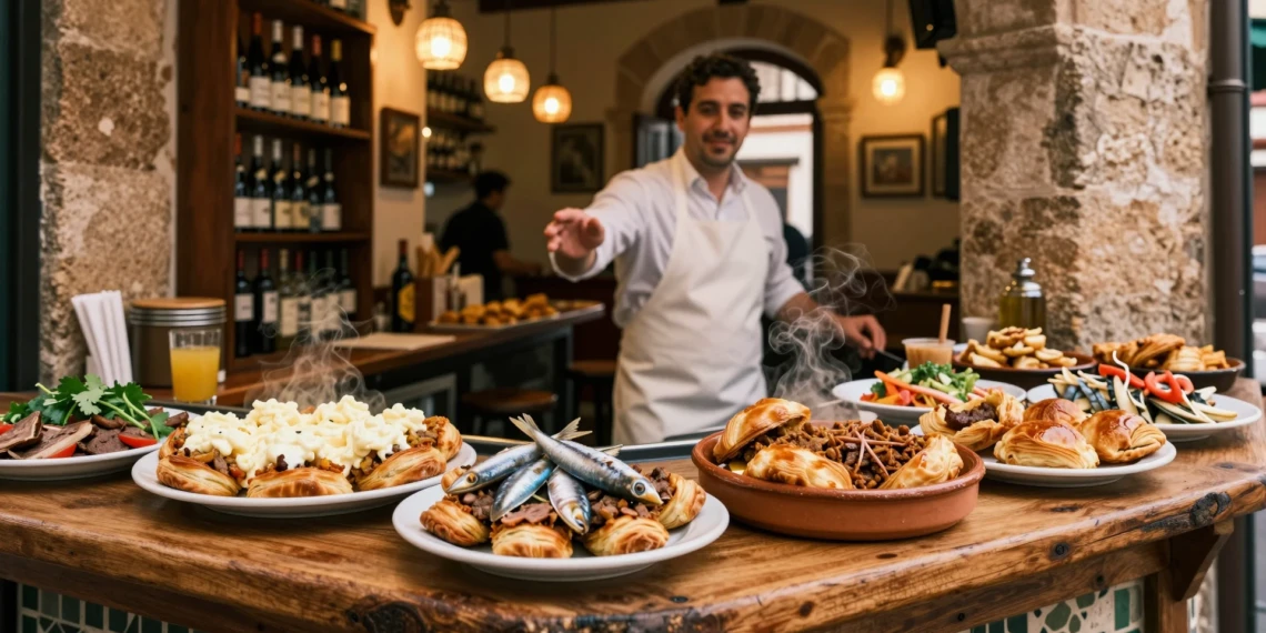 Tapas tradicionales murcianas en una taberna histórica: marineras, pastel de carne y zarangollo sobre barra de madera rústica