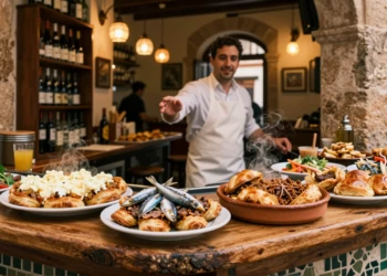 Tapas tradicionales murcianas en una taberna histórica: marineras, pastel de carne y zarangollo sobre barra de madera rústica