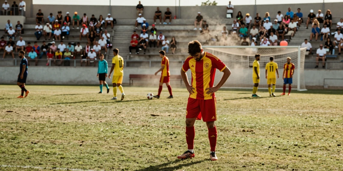 Futbolista cabizbajo con camiseta roja y amarilla en partido de pretemporada del fútbol catalán