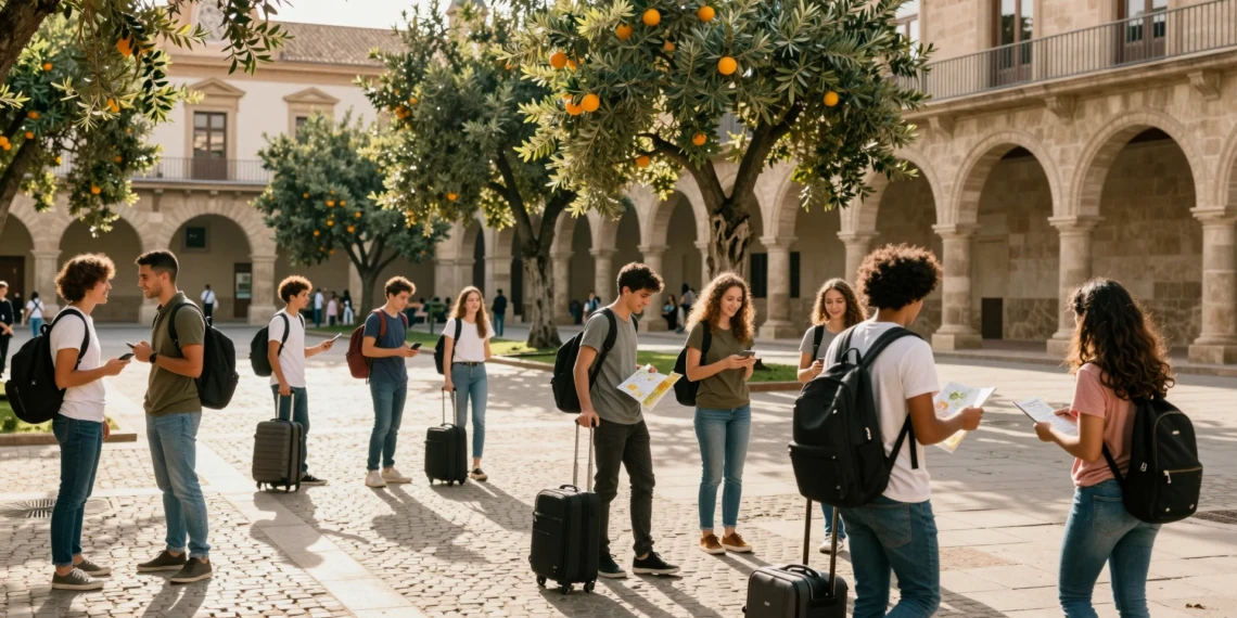 Estudiantes universitarios internacionales en un campus español con arquitectura barroca bajo la luz mediterránea