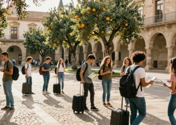 Estudiantes universitarios internacionales en un campus español con arquitectura barroca bajo la luz mediterránea