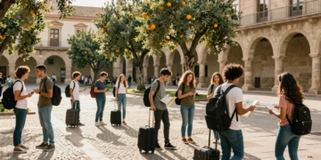 Estudiantes universitarios internacionales en un campus español con arquitectura barroca bajo la luz mediterránea