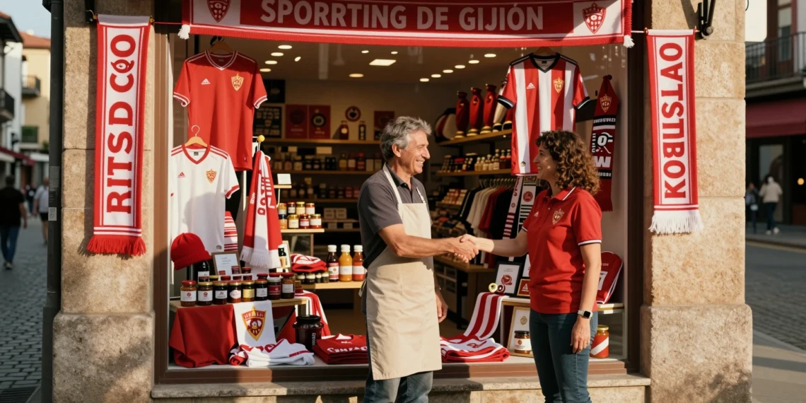 Comerciante asturiano y representante del Sporting de Gijón estrechan la mano frente a un escaparate rojiblanco en verano