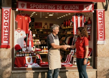 Comerciante asturiano y representante del Sporting de Gijón estrechan la mano frente a un escaparate rojiblanco en verano
