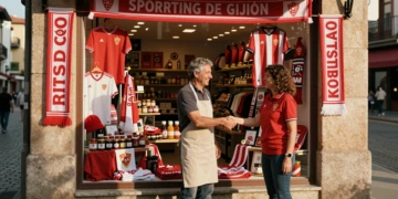 Comerciante asturiano y representante del Sporting de Gijón estrechan la mano frente a un escaparate rojiblanco en verano