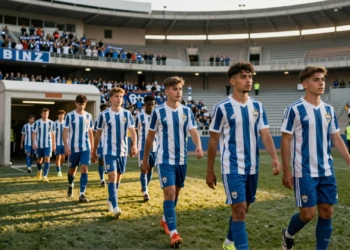 Jugadores del Fabril saliendo al césped de un estadio español en su regreso a la categoría de bronce del fútbol