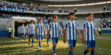 Jugadores del Fabril saliendo al césped de un estadio español en su regreso a la categoría de bronce del fútbol