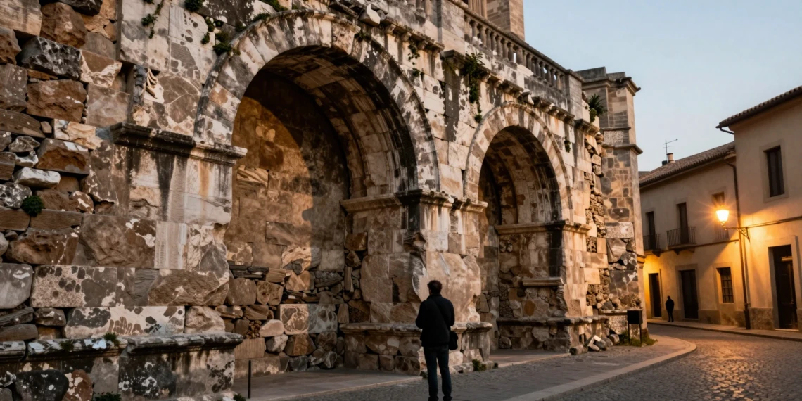 Arqueólogo estudiando los dos arcos de piedra romanos empotrados en la muralla romana de Barcelona, en el Barrio Gótico