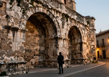 Arqueólogo estudiando los dos arcos de piedra romanos empotrados en la muralla romana de Barcelona, en el Barrio Gótico