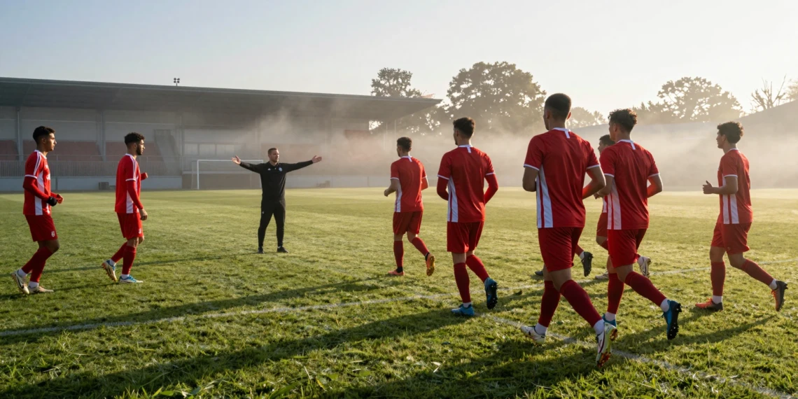 Jugadores del Sporting de Gijón con camisetas a rayas rojas y blancas entrenando al amanecer en un campo de fútbol