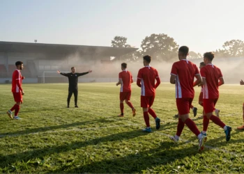 Jugadores del Sporting de Gijón con camisetas a rayas rojas y blancas entrenando al amanecer en un campo de fútbol