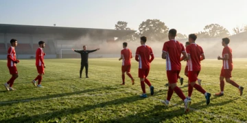 Jugadores del Sporting de Gijón con camisetas a rayas rojas y blancas entrenando al amanecer en un campo de fútbol