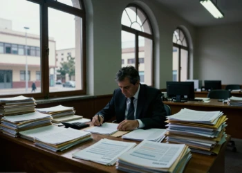 Burócrata español rodeado de informes financieros en edificio gubernamental con hospital y escuela al fondo
