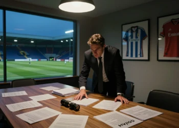 Directivo del Real Madrid firmando contratos en sala de juntas con camisetas enmarcadas y campo iluminado al fondo