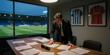 Directivo del Real Madrid firmando contratos en sala de juntas con camisetas enmarcadas y campo iluminado al fondo