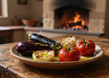 Escalivada catalana en bandeja de cerámica rústica con berenjenas, pimientos, cebollas y tomates asados al horno