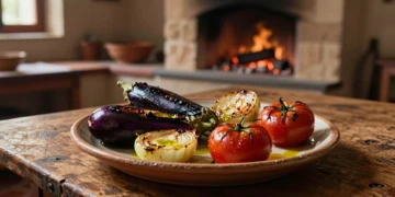 Escalivada catalana en bandeja de cerámica rústica con berenjenas, pimientos, cebollas y tomates asados al horno