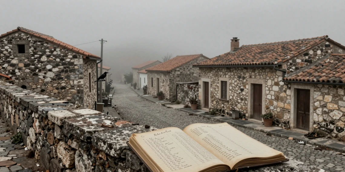 Pueblo mallorquín desierto envuelto en niebla con callejones de piedra y un registro de muertos abierto sobre un muro