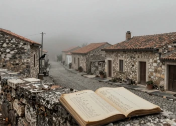 Pueblo mallorquín desierto envuelto en niebla con callejones de piedra y un registro de muertos abierto sobre un muro