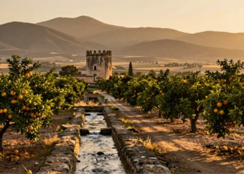 Acequia árabe entre naranjos y torre del siglo XVII en la huerta murciana al atardecer dorado