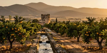 Acequia árabe entre naranjos y torre del siglo XVII en la huerta murciana al atardecer dorado