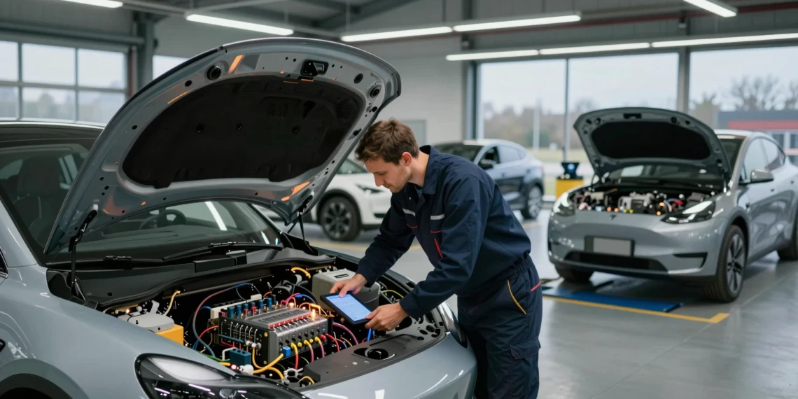 Ingeniero examina el interior de un coche eléctrico con tablet diagnóstica en clínica tecnológica de Berlín