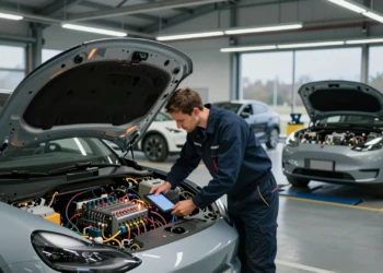 Ingeniero examina el interior de un coche eléctrico con tablet diagnóstica en clínica tecnológica de Berlín