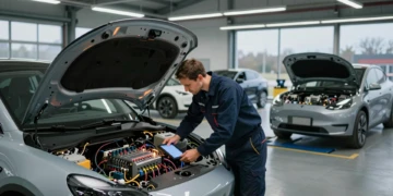 Ingeniero examina el interior de un coche eléctrico con tablet diagnóstica en clínica tecnológica de Berlín