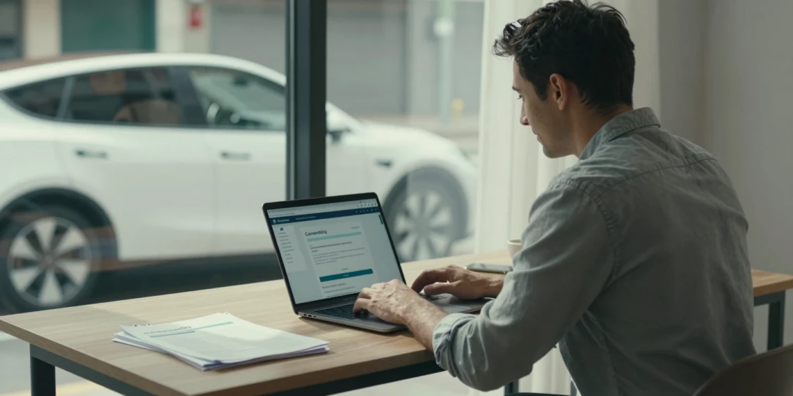 Hombre español tramitando el Plan Auto + en un portal digital gubernamental con un coche eléctrico visible al fondo