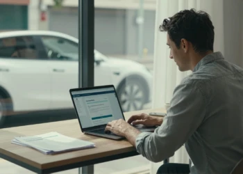 Hombre español tramitando el Plan Auto + en un portal digital gubernamental con un coche eléctrico visible al fondo