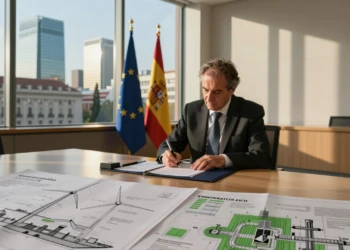 Funcionario español firma documentos del plan de inversión europeo con banderas de España y la UE al fondo