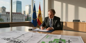 Funcionario español firma documentos del plan de inversión europeo con banderas de España y la UE al fondo