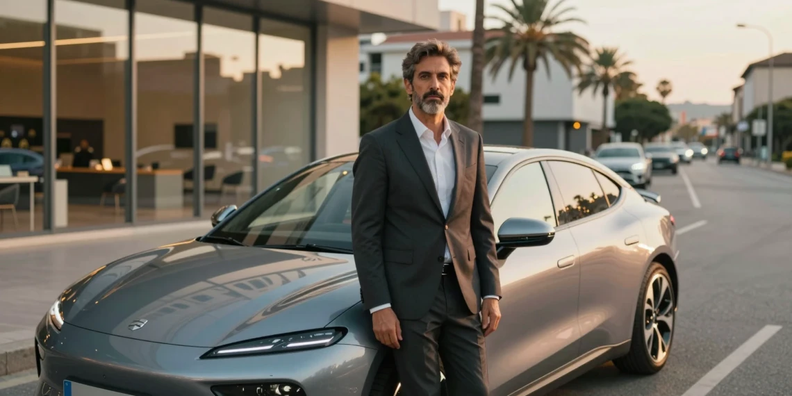 CEO de Nissan España junto a un coche eléctrico moderno en un boulevard urbano español con luz mediterránea dorada