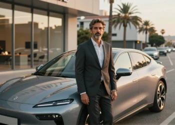 CEO de Nissan España junto a un coche eléctrico moderno en un boulevard urbano español con luz mediterránea dorada