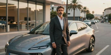 CEO de Nissan España junto a un coche eléctrico moderno en un boulevard urbano español con luz mediterránea dorada
